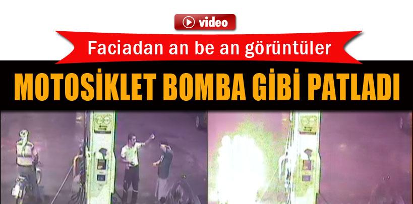 Benzin istasyonunda motosiklet bomba gibi patladı