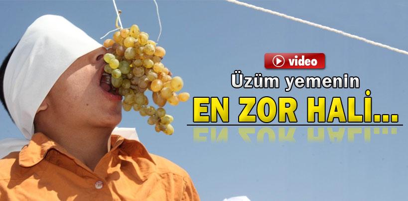 En hızlı üzüm yeme yarışmasında gözleri kapalı üzüm yediler