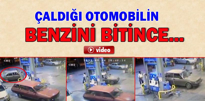 Çaldığı otomobilin yakıtı bitince itelemek zorunda kaldı