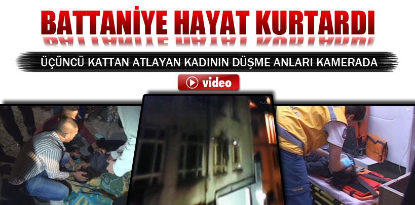 Üçüncü kattan atlayan kadına battaniyeli kurtarma