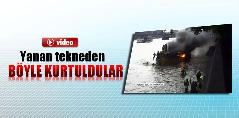 Yangın çıkan tekneden böyle atladılar